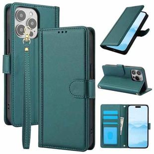 For iPhone 11 Pro Skin Feel Pure Color Card Slots Leather Phone Case with Dual Lanyard(Green)