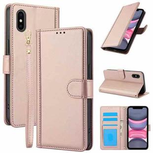 For iPhone X / XS Skin Feel Pure Color Card Slots Leather Phone Case with Dual Lanyard(Rose Gold)