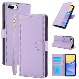 For iPhone 7 Plus / 8 Plus Skin Feel Pure Color Card Slots Leather Phone Case with Dual Lanyard(Purple)