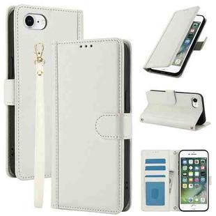 For iPhone 8 / 7 / SE 2022 / SE 2020 Skin Feel Pure Color Card Slots Leather Phone Case with Dual Lanyard(White)