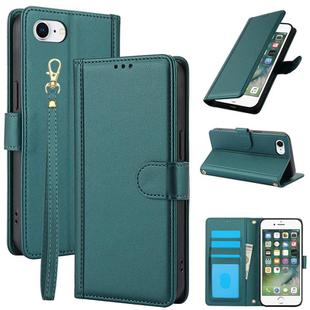 For iPhone 8 / 7 / SE 2022 / SE 2020 Skin Feel Pure Color Card Slots Leather Phone Case with Dual Lanyard(Green)