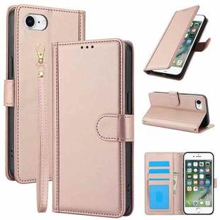 For iPhone 8 / 7 / SE 2022 / SE 2020 Skin Feel Pure Color Card Slots Leather Phone Case with Dual Lanyard(Rose Gold)
