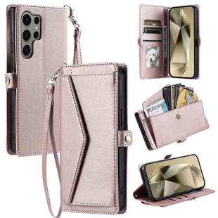 For Samsung Galaxy S22 Ultra 5G Wallet Multi-card Slot Leather Phone Case with Lanyard(Rose Gold)