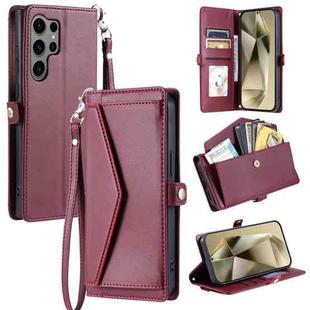 For Samsung Galaxy S25 Ultra 5G Wallet Multi-card Slot Leather Phone Case with Lanyard(Wine Red)