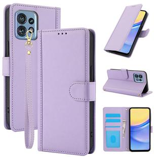 For Motorola Edge 40 Pro Skin Feel Pure Color Card Slots Leather Phone Case with Dual Lanyard(Purple)