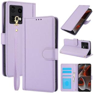 For Motorola Edge 50 Pro Skin Feel Pure Color Card Slots Leather Phone Case with Dual Lanyard(Purple)