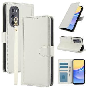 For Motorola Edge 2022 Skin Feel Pure Color Card Slots Leather Phone Case with Dual Lanyard(White)