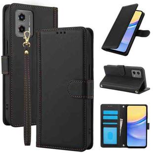 For Motorola Moto G 2023 Skin Feel Pure Color Card Slots Leather Phone Case with Dual Lanyard(Black)