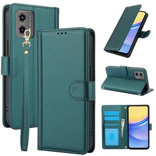 For Motorola Moto G 2023 Skin Feel Pure Color Card Slots Leather Phone Case with Dual Lanyard(Green)