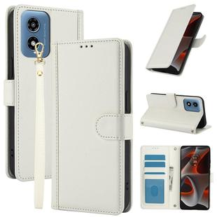 For Motorola Moto G Play 2024 Skin Feel Pure Color Card Slots Leather Phone Case with Dual Lanyard(White)