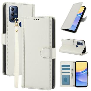 For Motorola Moto G Play 2023 Skin Feel Pure Color Card Slots Leather Phone Case with Dual Lanyard(White)