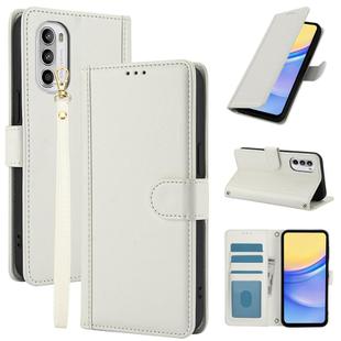 For Motorola Moto G Stylus 5G 2022 Skin Feel Pure Color Card Slots Leather Phone Case with Dual Lanyard(White)