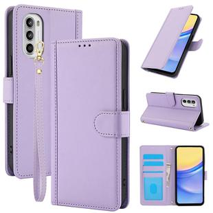 For Motorola Moto G Stylus 5G 2022 Skin Feel Pure Color Card Slots Leather Phone Case with Dual Lanyard(Purple)