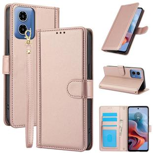 For Motorola Moto G24 / Moto G04 Skin Feel Pure Color Card Slots Leather Phone Case with Dual Lanyard(Rose Gold)