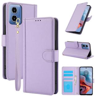 For Motorola Moto G24 / Moto G04 Skin Feel Pure Color Card Slots Leather Phone Case with Dual Lanyard(Purple)