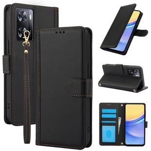 For OPPO A57 4G / A57s 4G / A57e 4G Global Skin Feel Pure Color Card Slots Leather Phone Case with Dual Lanyard(Black)