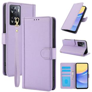 For OPPO A57 4G / A57s 4G / A57e 4G Global Skin Feel Pure Color Card Slots Leather Phone Case with Dual Lanyard(Purple)