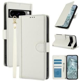 For Google Pixel 8 Pro Skin Feel Pure Color Card Slots Leather Phone Case with Dual Lanyard(White)