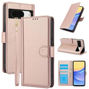 For Google Pixel 8a Skin Feel Pure Color Card Slots Leather Phone Case with Dual Lanyard(Rose Gold)