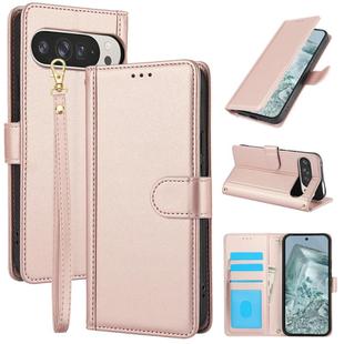 For Google Pixel 9 Pro XL Skin Feel Pure Color Card Slots Leather Phone Case with Dual Lanyard(Rose Gold)