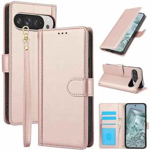 For Google Pixel 9 / 9 Pro Skin Feel Pure Color Card Slots Leather Phone Case with Dual Lanyard(Rose Gold)