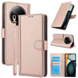 For Redmi A3 Skin Feel Pure Color Card Slots Leather Phone Case with Dual Lanyard(Rose Gold)