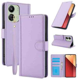 For Redmi 13C 4G / Poco C65 / Poco M6 5G Skin Feel Pure Color Card Slots Leather Phone Case with Dual Lanyard(Purple)