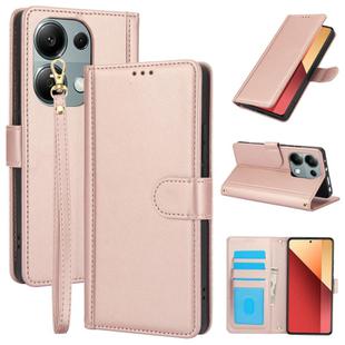 For Redmi Note 13 4G Global Skin Feel Pure Color Card Slots Leather Phone Case with Dual Lanyard(Rose Gold)