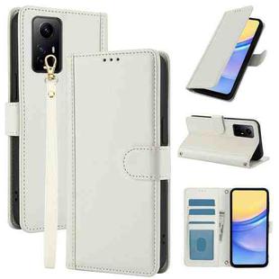 For Redmi Note 11 4G / Note 12S 4G Global Skin Feel Pure Color Card Slots Leather Phone Case with Dual Lanyard(White)