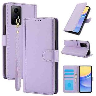 For Redmi Note 11 4G / Note 12S 4G Global Skin Feel Pure Color Card Slots Leather Phone Case with Dual Lanyard(Purple)