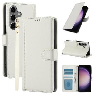 For Samsung Galaxy S24+ 5G Skin Feel Pure Color Card Slots Leather Phone Case with Dual Lanyard(White)