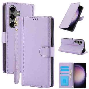 For Samsung Galaxy S24+ 5G Skin Feel Pure Color Card Slots Leather Phone Case with Dual Lanyard(Purple)