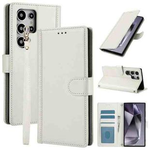 For Samsung Galaxy S23 Ultra 5G Skin Feel Pure Color Card Slots Leather Phone Case with Dual Lanyard(White)