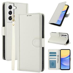 For Samsung Galaxy S22+ 5G Skin Feel Pure Color Card Slots Leather Phone Case with Dual Lanyard(White)