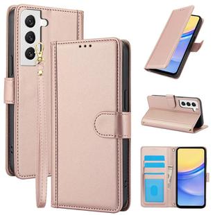 For Samsung Galaxy S22+ 5G Skin Feel Pure Color Card Slots Leather Phone Case with Dual Lanyard(Rose Gold)