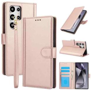 For Samsung Galaxy S22 Ultra 5G Skin Feel Pure Color Card Slots Leather Phone Case with Dual Lanyard(Rose Gold)