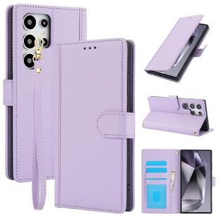 For Samsung Galaxy S22 Ultra 5G Skin Feel Pure Color Card Slots Leather Phone Case with Dual Lanyard(Purple)