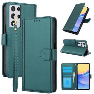 For Samsung Galaxy S21 Ultra 5G Skin Feel Pure Color Card Slots Leather Phone Case with Dual Lanyard(Green)