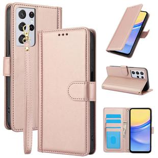 For Samsung Galaxy S21 Ultra 5G Skin Feel Pure Color Card Slots Leather Phone Case with Dual Lanyard(Rose Gold)