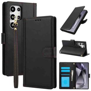 For Samsung Galaxy S25 Ultra 5G Skin Feel Pure Color Card Slots Leather Phone Case with Dual Lanyard(Black)