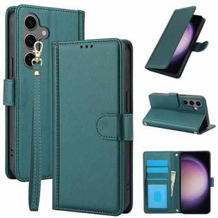 For Samsung Galaxy S25+ 5G Skin Feel Pure Color Card Slots Leather Phone Case with Dual Lanyard(Green)