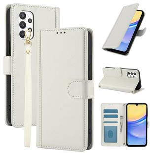 For Samsung Galaxy A32 4G Skin Feel Pure Color Card Slots Leather Phone Case with Dual Lanyard(White)