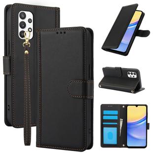 For Samsung Galaxy A73 Skin Feel Pure Color Card Slots Leather Phone Case with Dual Lanyard(Black)