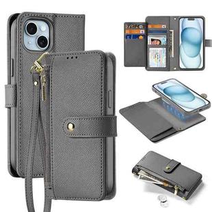 For iPhone 15 Plus DUX DUCIS Lawa Series 2 in 1 Wallet Zipper Detachable MagSafe Phone Case with Lanyard(Grey)