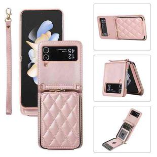 For Samsung Galaxy Z Flip4 Rhombic Full Zipper Wallet Leather Phone Case(Rose Gold)