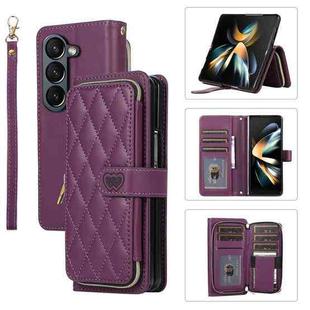 For Samsung Galaxy Z Fold5 Rhombic Full Zipper Wallet Leather Phone Case(Deep Purple)