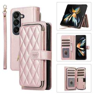 For Samsung Galaxy Z Fold5 Rhombic Full Zipper Wallet Leather Phone Case(Rose Gold)