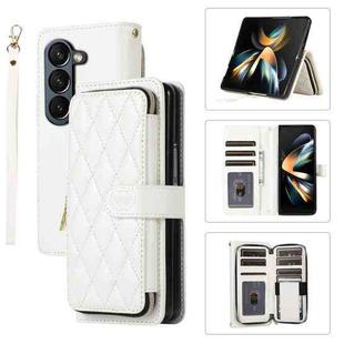 For Samsung Galaxy Z Fold6 Rhombic Full Zipper Wallet Leather Phone Case(White)