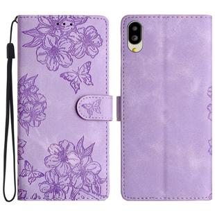 For Sharp Basio active SHG09 Cherry Blossom Butterfly Skin Feel Embossed PU Phone Case(Purple)