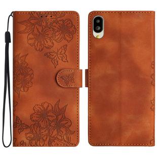 For Sharp Basio active SHG09 Cherry Blossom Butterfly Skin Feel Embossed PU Phone Case(Brown)